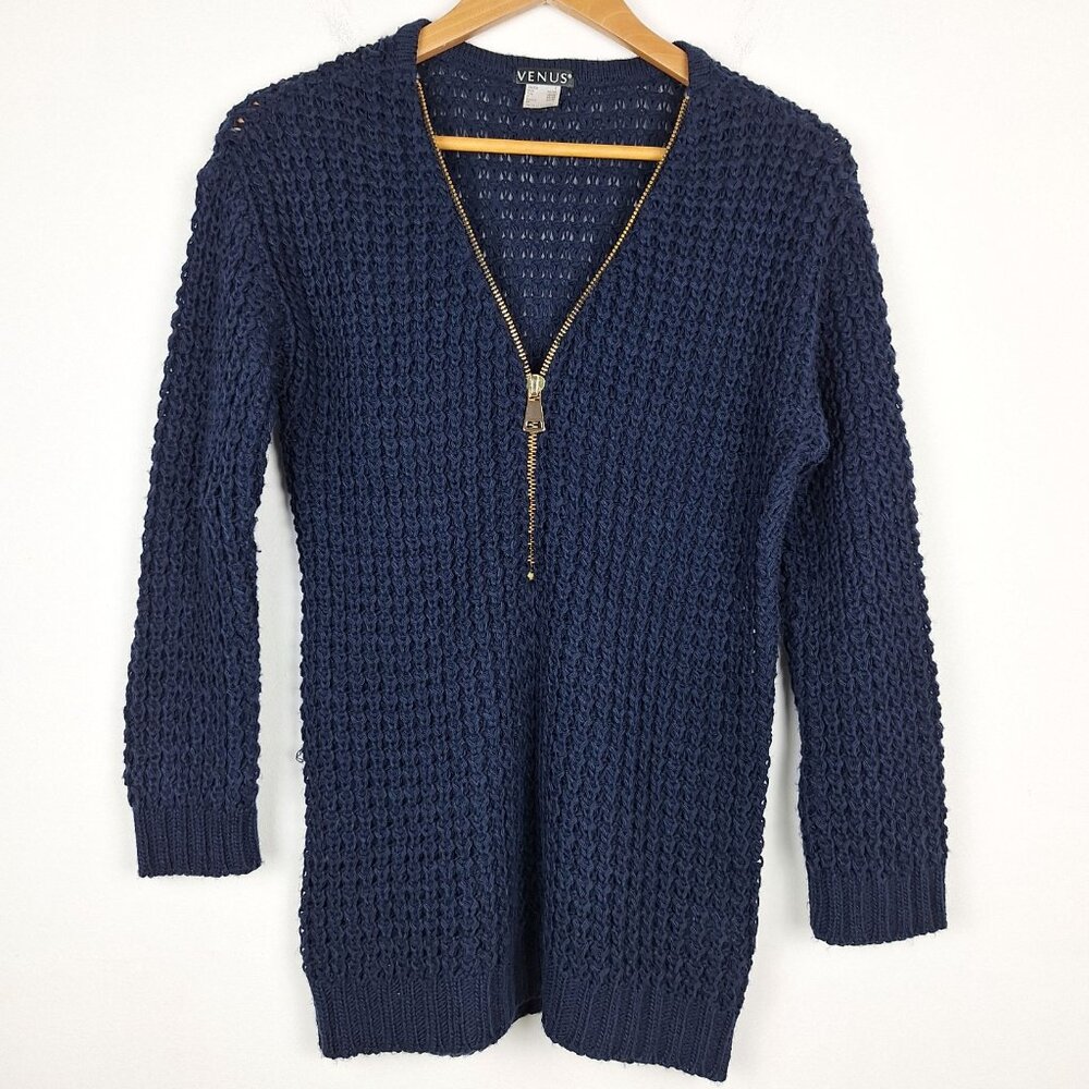 Venus Zip Front Sweater Size S. Navy Blue Long Sleeve Waffle Knit Pullover